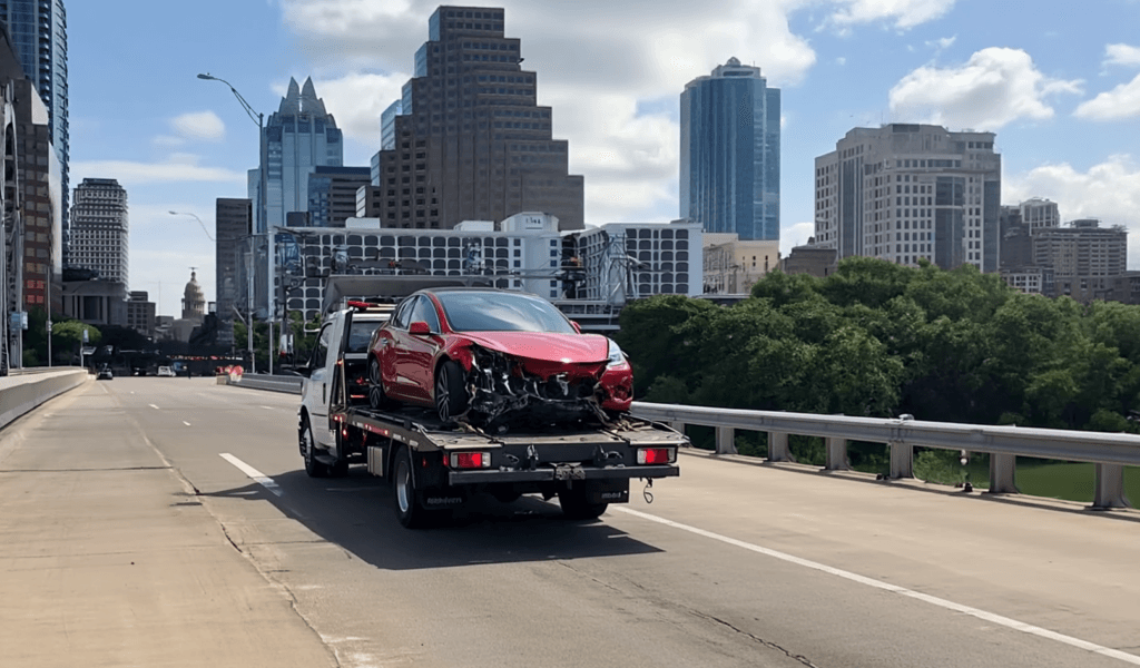 Congress | V.Valenzuela Law Red sedan with front-end damage on a tow truck bed on a city highway with downtown skyscrapers in the background.