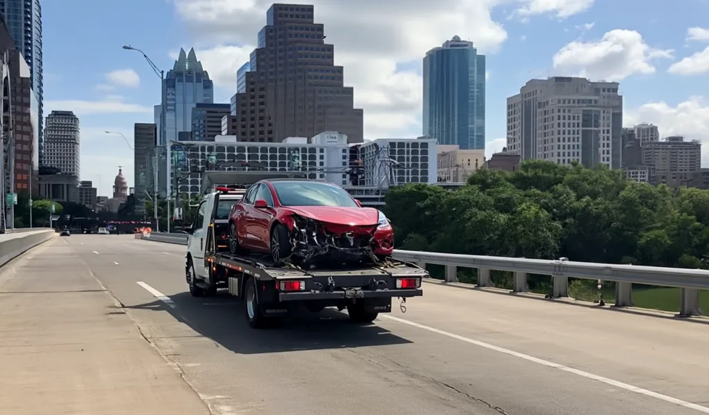 Red sedan with heavy front-end damage loaded onto a tow truck on an urban highway, city skyline in the background under a partly cloudy sky.