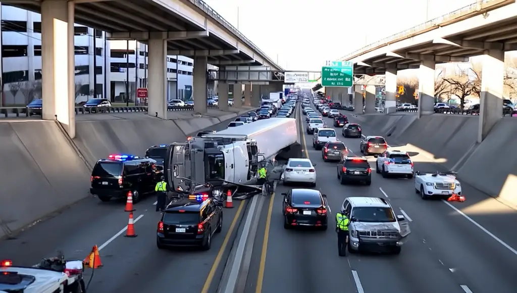 Gen-4-addtruckrigaccidentpoliceblockingtraffic | V.Valenzuela Law Overturned semi-truck blocking multiple lanes on a crowded highway with police and orange cones at the scene under an elevated roadway, many cars stopped or slowing down behind it