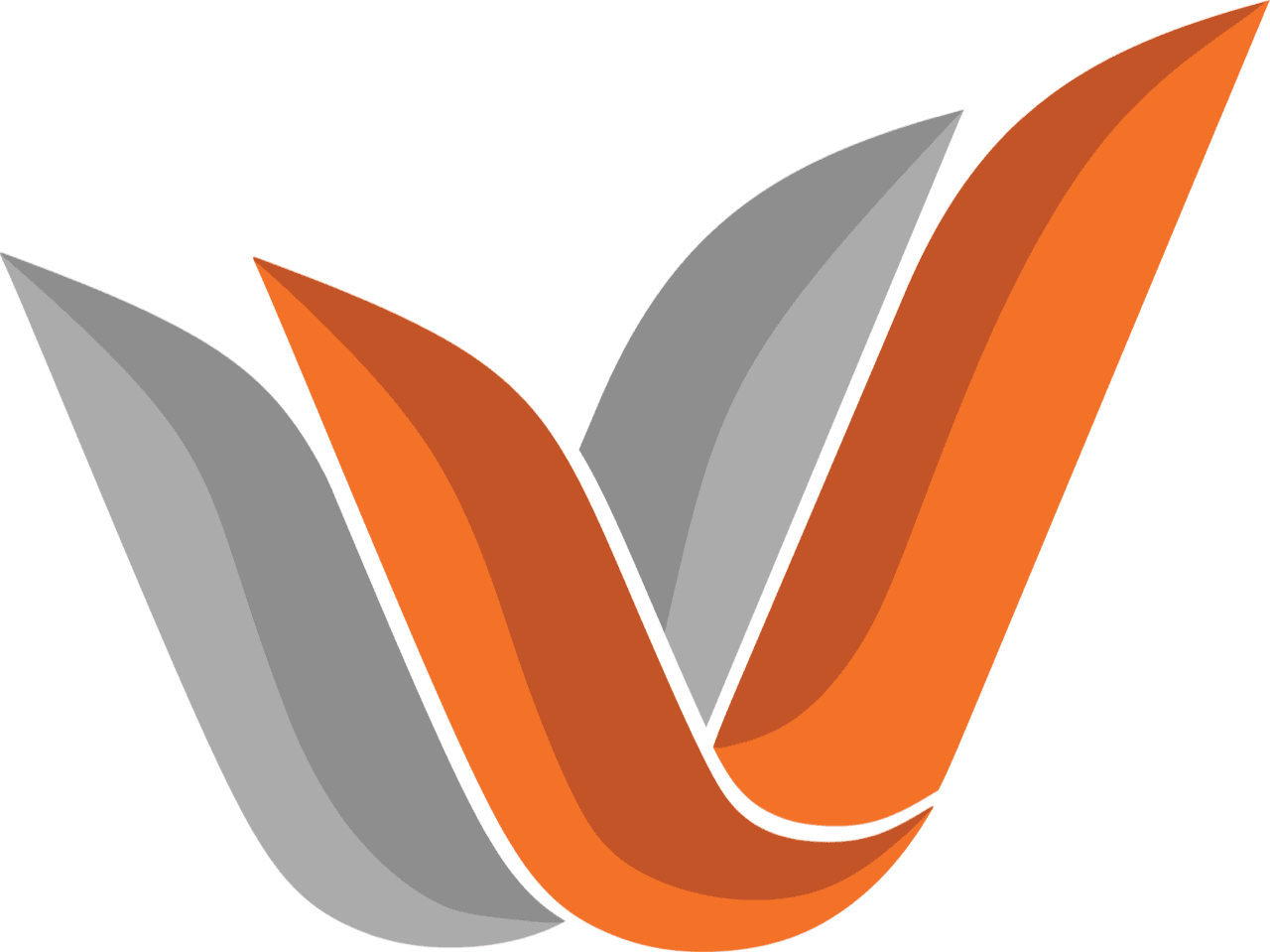 Stylized logo with overlapping orange and gray ribbons forming a V shape.