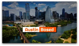 Screenshot 2026-06-01 at 11817 PM | V.Valenzuela Law | V.Valenzuela Law Aerial view of downtown Austin with modern skyscrapers, a river in the foreground, and a bridge crossing the water; banner reads 'Austin Based' in orange.
