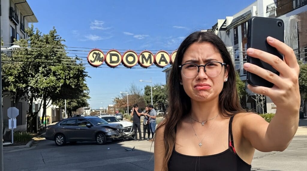 A young woman takes a selfie on a sunny street; behind her a car crash blocks the road under an arch sign reading INDOMA with bystanders nearby.