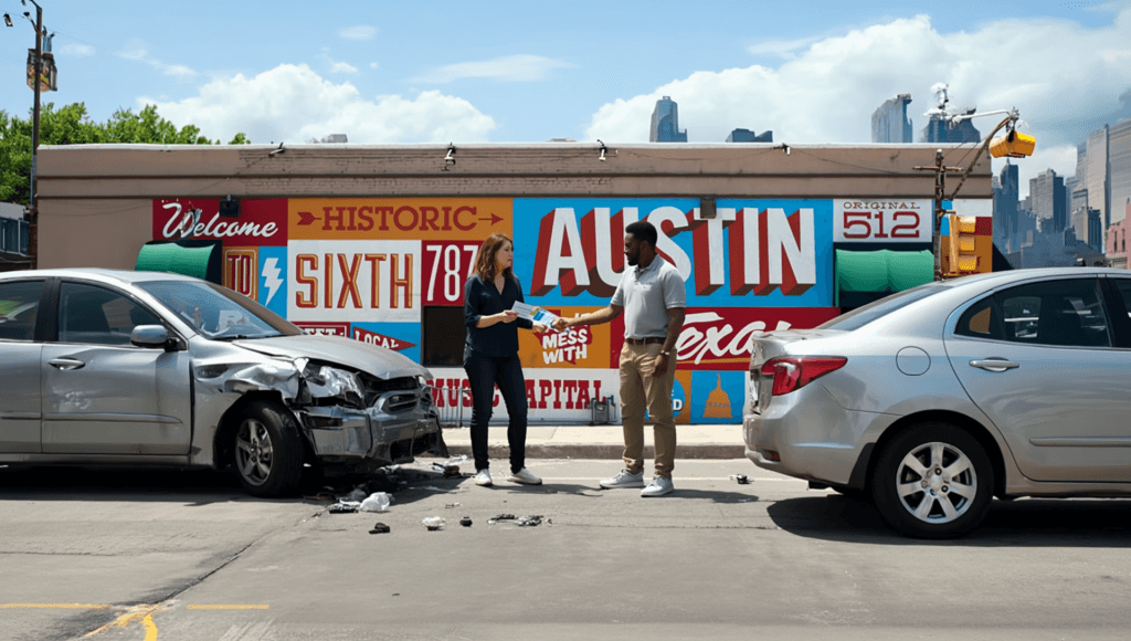 Gen-4-PhotorealisticAminortwocarwreckwithafemaleandmaleexchangingidinformation | V.Valenzuela Law Two people stand on a city street in front of a bright mural that says Austin, with a damaged silver SUV on the left and a sedan on the right and debris on the ground.
