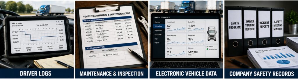 Tablet on truck dashboard showing a driver's on-duty/log chart and notebook with a pen nearby (Driver Logs)