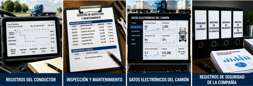 Panel 1: Truck dashboard with driver records and schedule, labeled 'Registros del conductor' in Spanish state of a vehicle inspection setting.