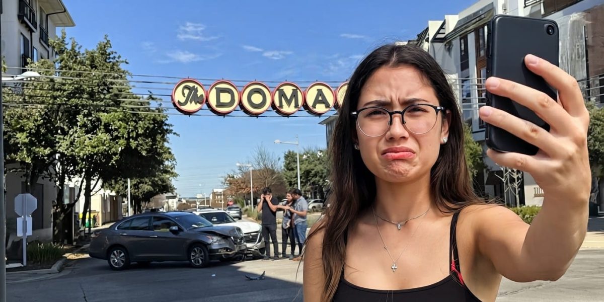 A young woman takes a selfie on a sunny street; behind her a car crash blocks the road under an arch sign reading INDOMA with bystanders nearby.