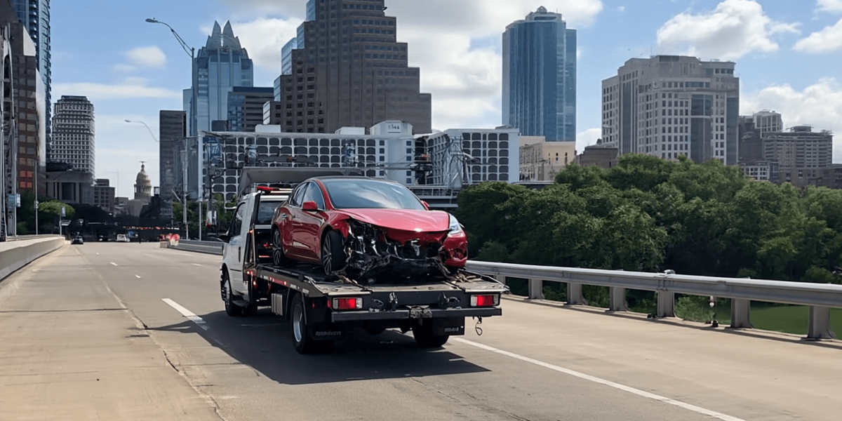Red sedan with front-end damage on a tow truck bed on a city highway with downtown skyscrapers in the background.