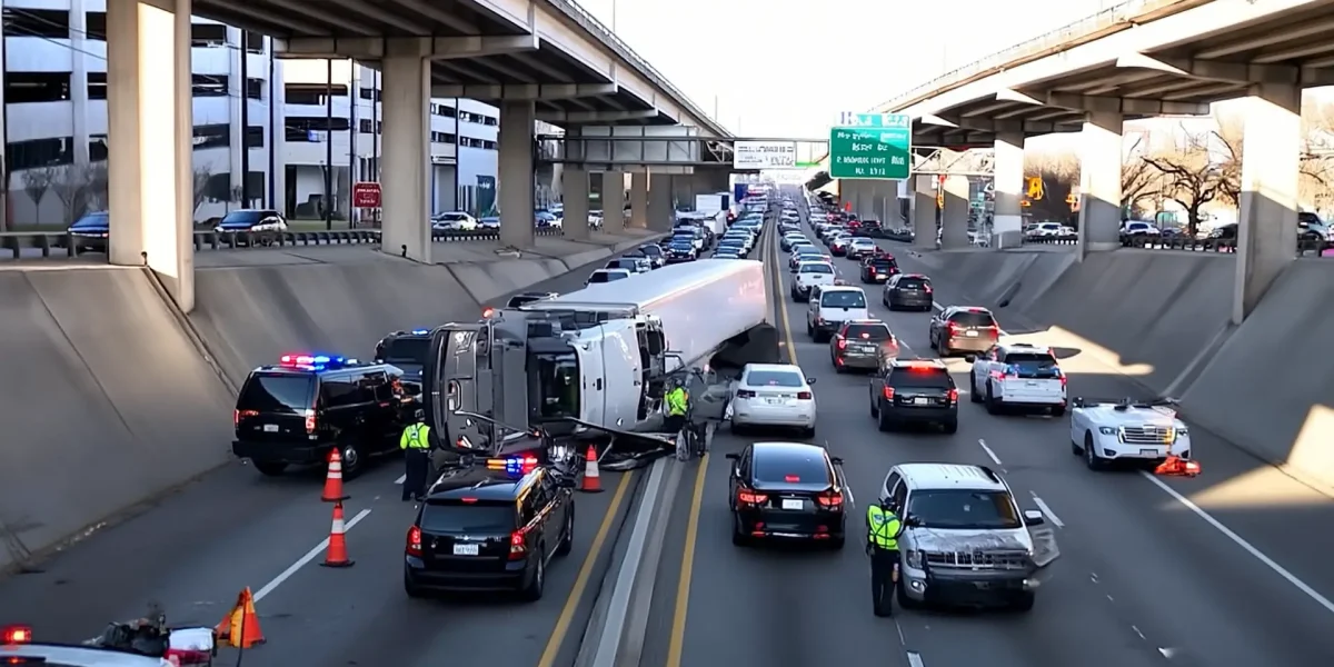 Overturned semi-truck blocking multiple lanes on a crowded highway with police and orange cones at the scene under an elevated roadway, many cars stopped or slowing down behind it
